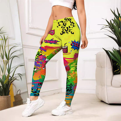 Leggings mujer deportivos ajustados con estampado de dibujos animados amarillos