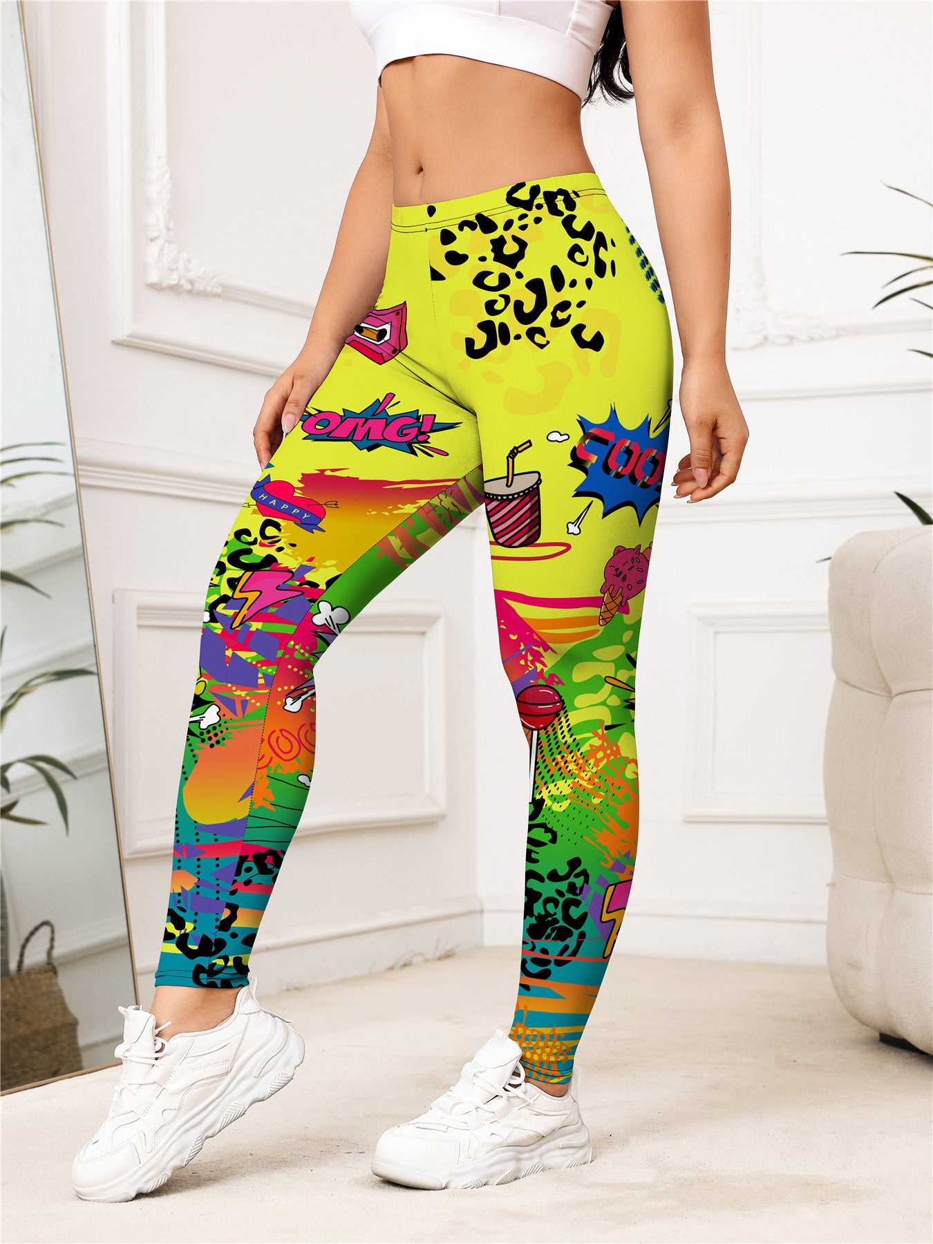 Leggings mujer deportivos ajustados con estampado de dibujos animados amarillos