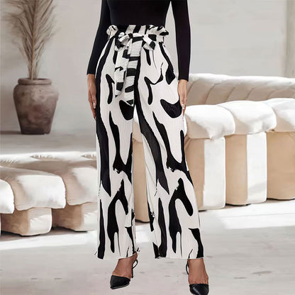 Pantalones de mujer de pierna ancha de cintura con estampado plisado elegante de verano