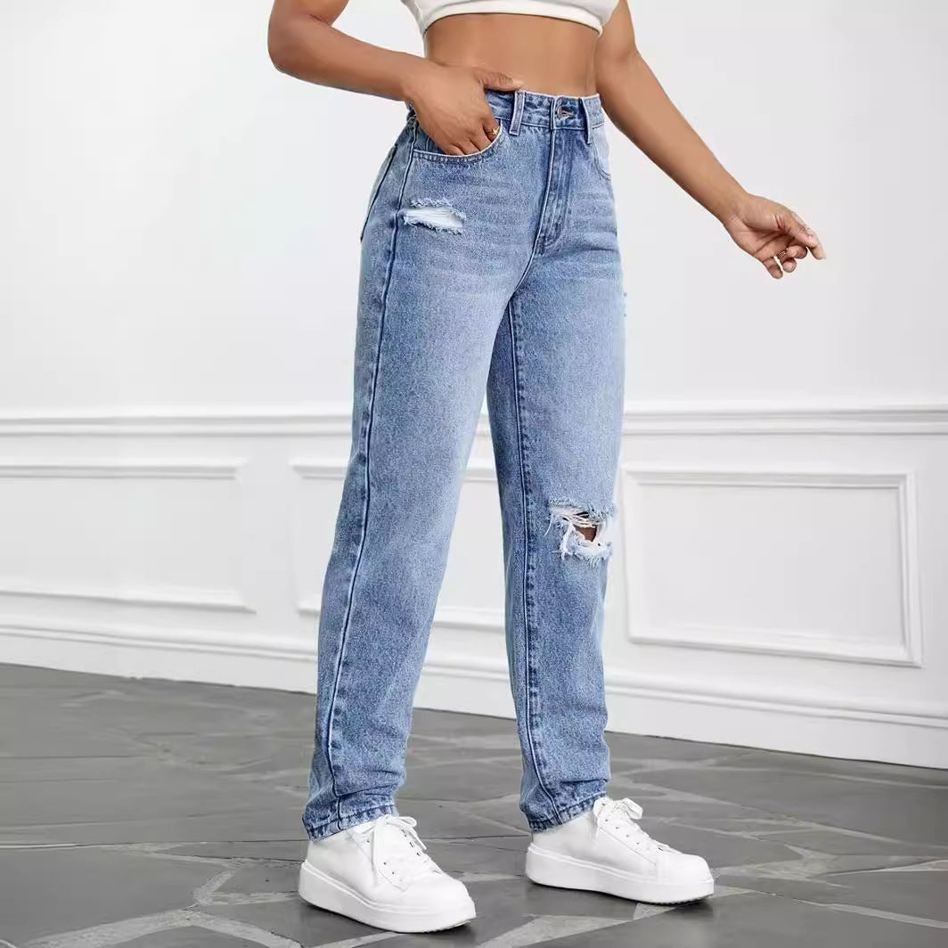 Ropa de mujer Jeans Pantalones de pierna recta con agujeros sueltos de cintura alta