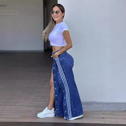 Pantalones vaqueros de mujer con tres rayas de pierna ancha.