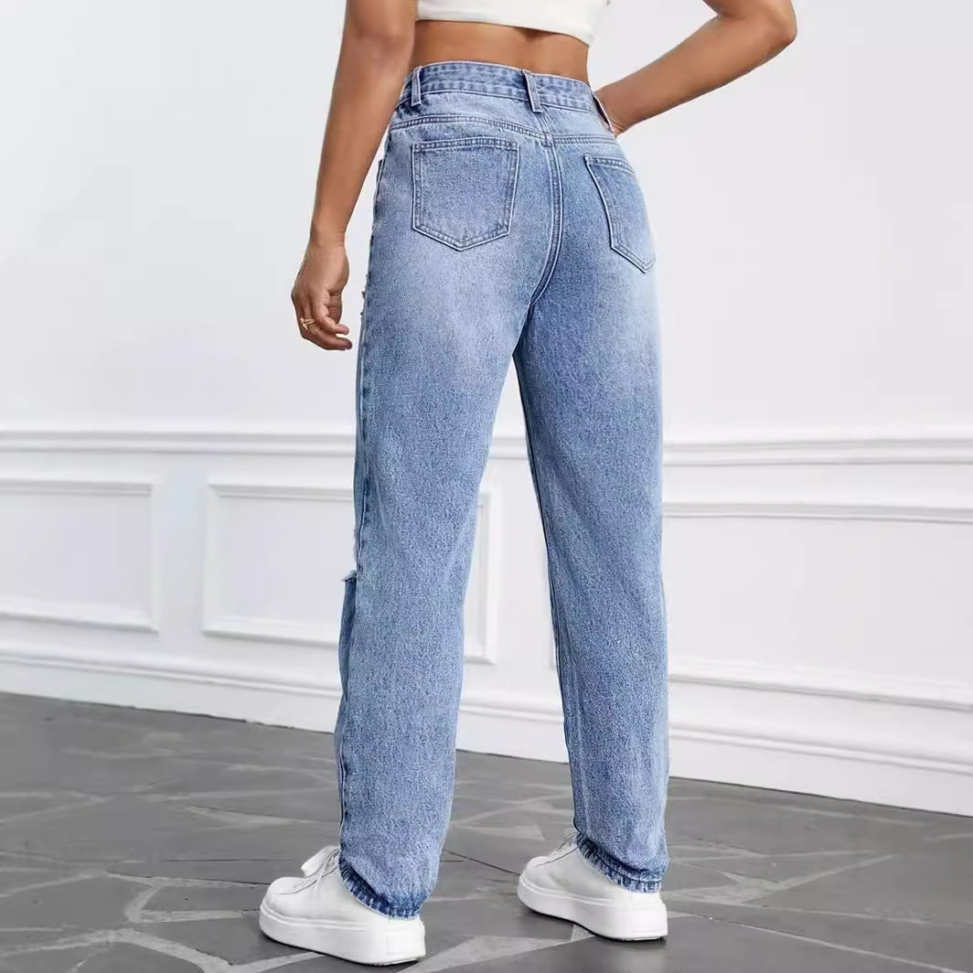 Ropa de mujer Jeans Pantalones de pierna recta con agujeros sueltos de cintura alta