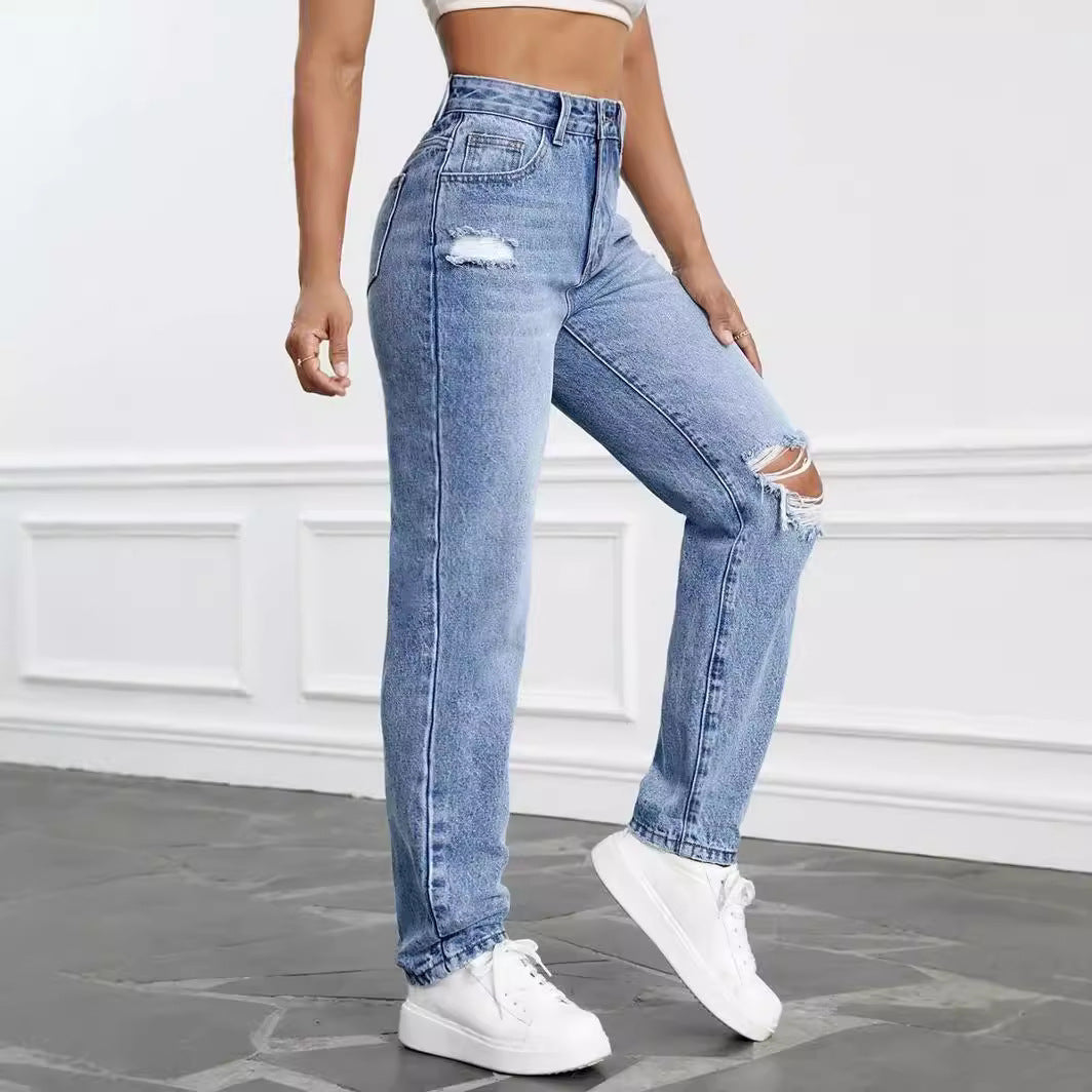 Ropa de mujer Jeans Pantalones de pierna recta con agujeros sueltos de cintura alta