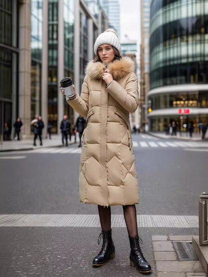 Abrigo de algodón ajustado por debajo de la rodilla con cuello de piel grande y chaqueta acolchada gruesa - MGCmoda