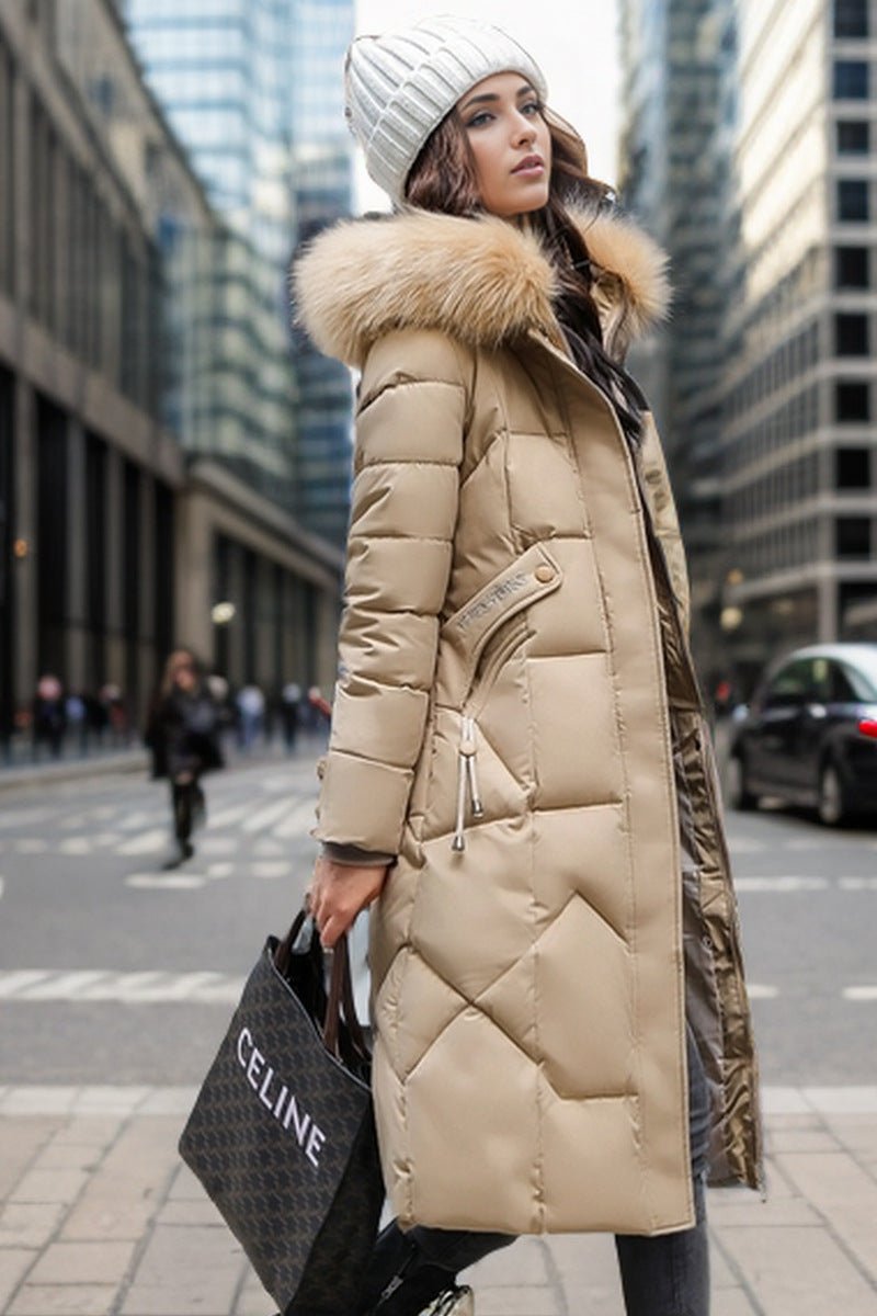 Abrigo de algodón ajustado por debajo de la rodilla con cuello de piel grande y chaqueta acolchada gruesa - MGCmoda