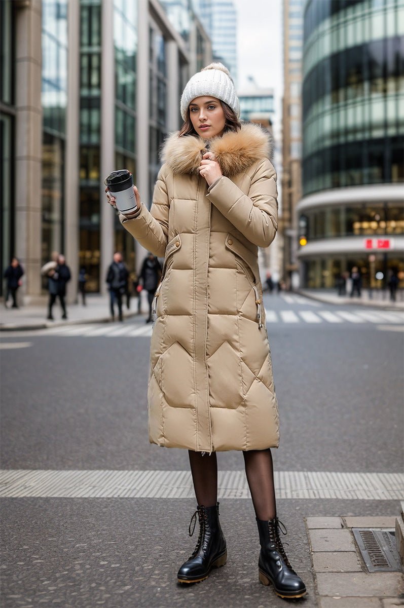 Abrigo de algodón ajustado por debajo de la rodilla con cuello de piel grande y chaqueta acolchada gruesa - MGCmoda