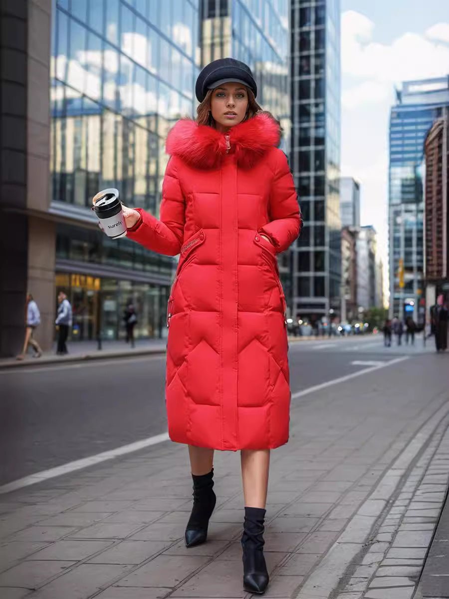 Abrigo de algodón ajustado por debajo de la rodilla con cuello de piel grande y chaqueta acolchada gruesa - MGCmoda