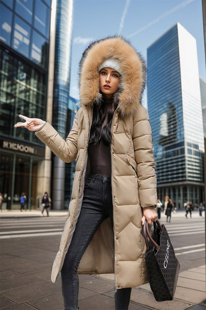 Abrigo de algodón ajustado por debajo de la rodilla con cuello de piel grande y chaqueta acolchada gruesa - MGCmoda