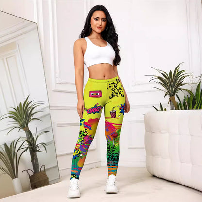 Leggings mujer deportivos ajustados con estampado de dibujos animados amarillos