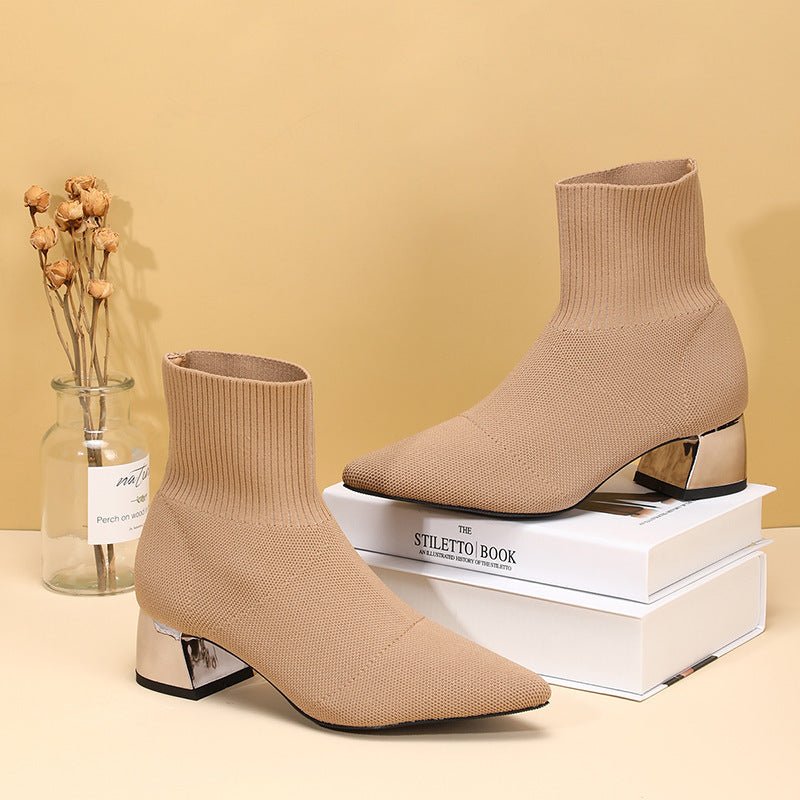 Botas mujer de punto elásticas con tacón grueso y punta puntiaguda - MGCmoda