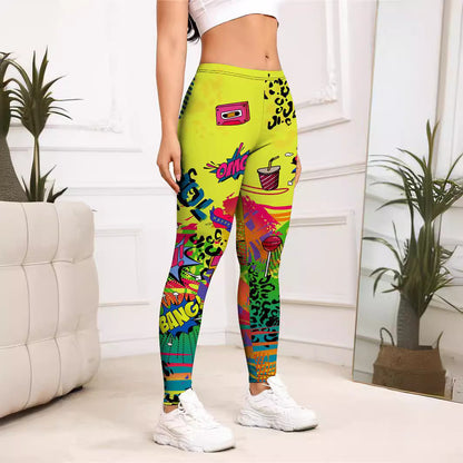 Leggings mujer deportivos ajustados con estampado de dibujos animados amarillos