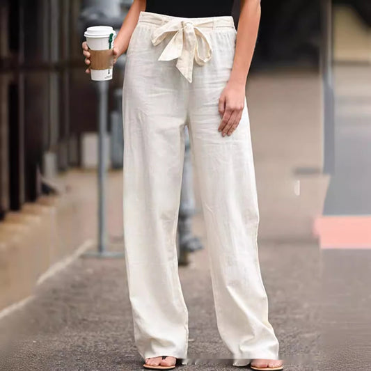 Pantalones de mujer casuales de color sólido de algodón y lino