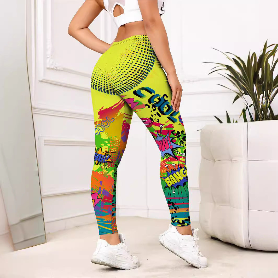 Leggings mujer deportivos ajustados con estampado de dibujos animados amarillos